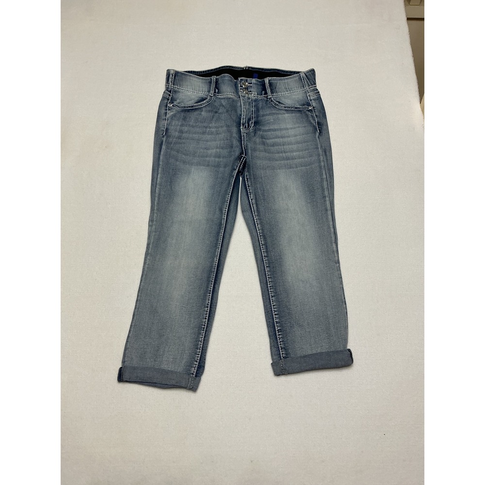 Apt 9 Womens Size 12 Capri Jeans Embellished Rhinestone Flap Pocket Stretch Blue